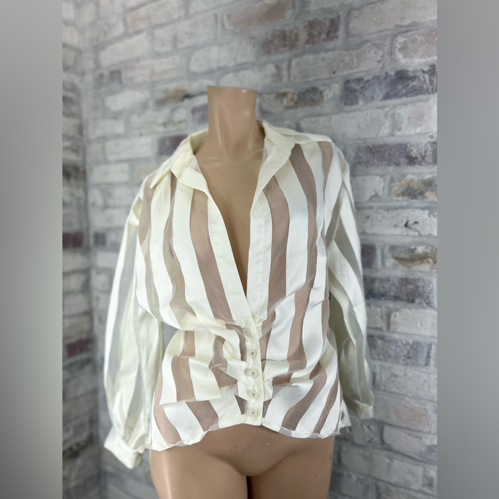 Vintage‎ 90s Kaktus Cream Sheer Striped Sexy Blouse Size S